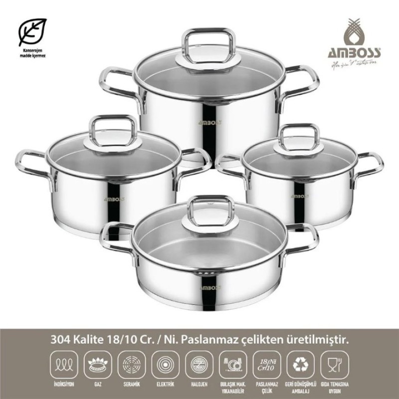 AMBOSS STRANIER 8 PARÇA SÜZGEÇLİ ÇELİK TENCERE SETİ DIA 6572